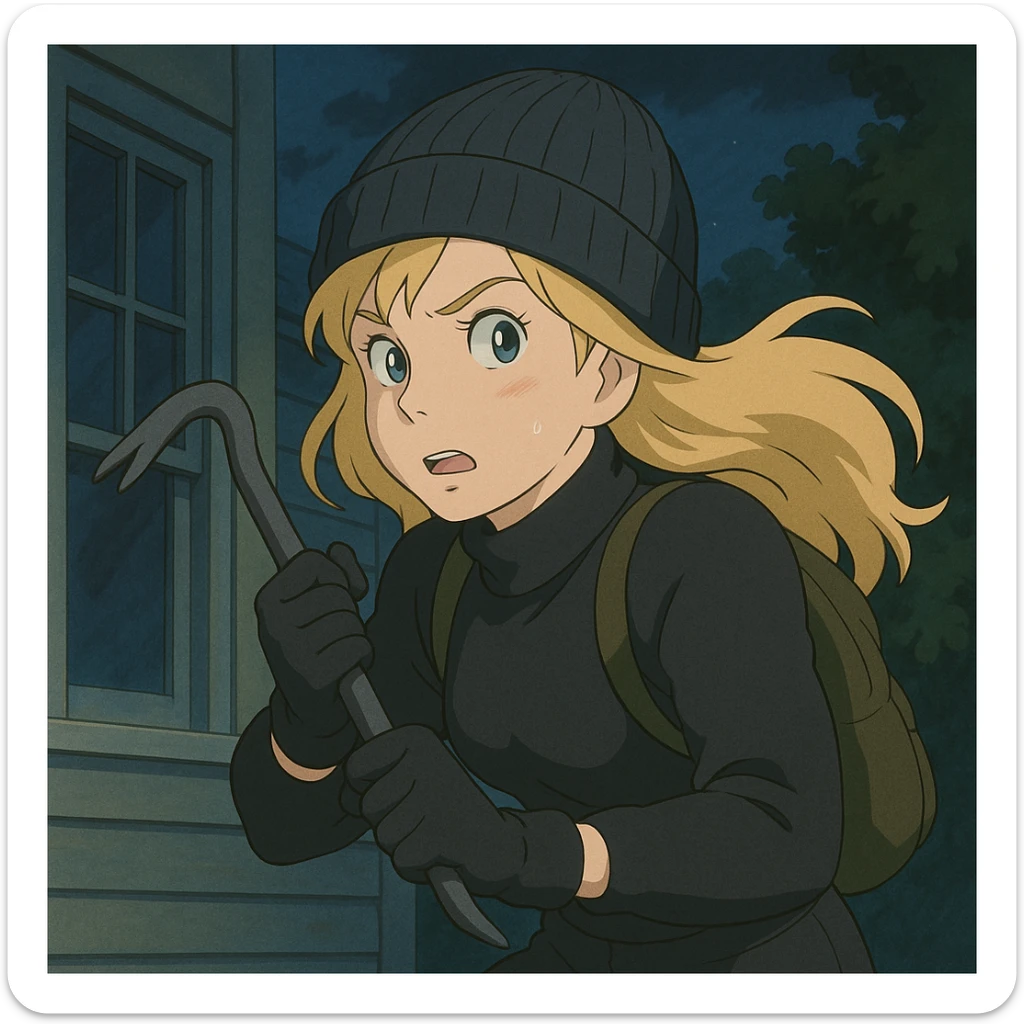 blonde woman burglar in a beanie, holding a crowbar, ghibli style sticker