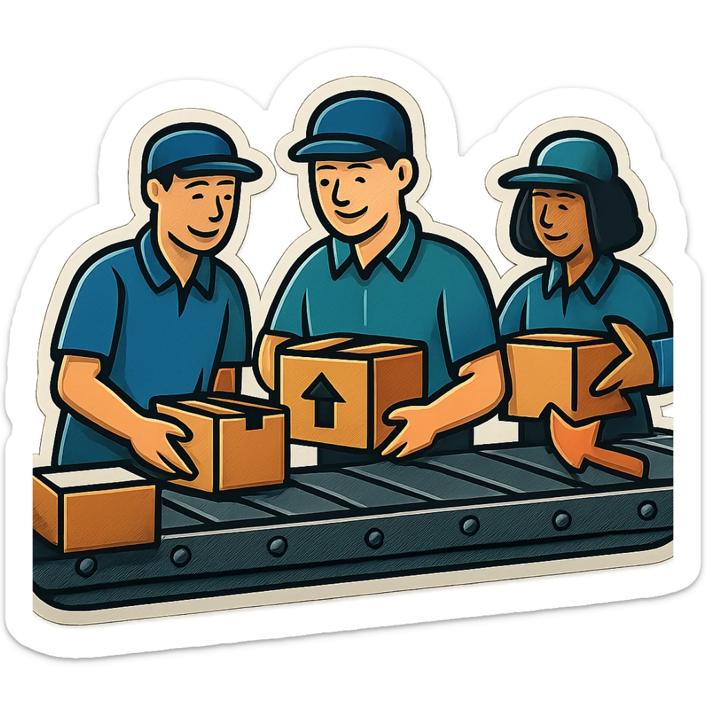 Картинка конвейерной ленты, по ней едут коробки, люди сортируют коробки в разные стороны, не обрезай края обводки sticker