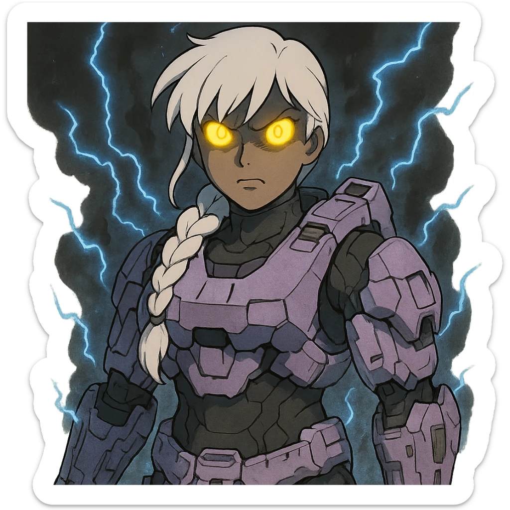 female, wearing reach spartan armor shoulder-unequip, long white braid hair with massive messy front side single bangs, gold yellow eyes, attention pose, D-cup size, HALO:series, no helmet, the armor is lavender color scheme, eyes glowing, demon eye, gleam, rage aura, body steaming dark gray, blue electricity sticker