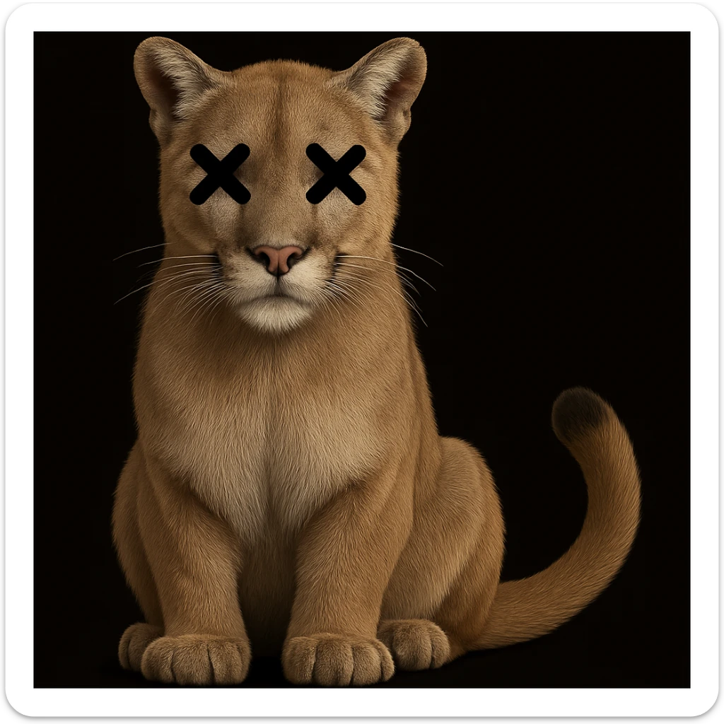 Overlay cartoon X's on the eyes of the mountain lion, keep everything else 100% identical—pose, style, lighting, and background. Maintain the original style and look exactly as in the reference image. sticker