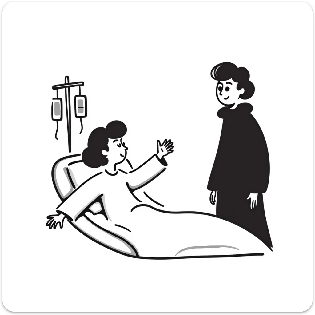 a person in a hospital gown sitting in bed reaching out to a visitor, hospital room visible with subtle medical details sticker