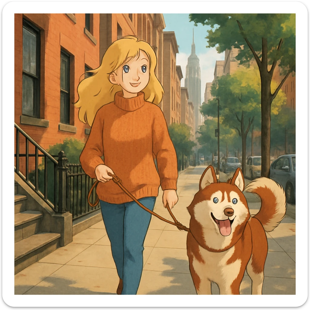 Cute Blonde woman wearing a sweater walking a happy red-brown blue-eyed Siberian husky in New York City on an upper east side city sidewalk  sticker