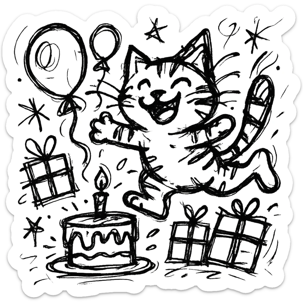 chaotic outlined icon of a happy tabby kitten jumping among balloons, birthday cake, and gift boxes, with wild, scribbled lines sticker