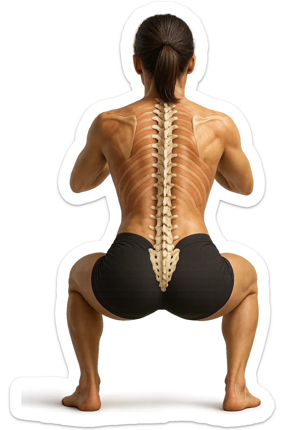 donna di spalle che fa squat con spina dorsale anatomica in evidenza, iperrealistica 4k sticker