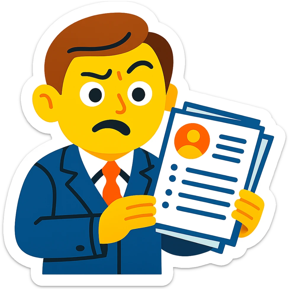 A vibrant toon style illustration of a recruiter holding a resume with a clearly puzzled or confused expression, featuring a raised eyebrow, furrowed brow, and mouth slightly open. No background. sticker