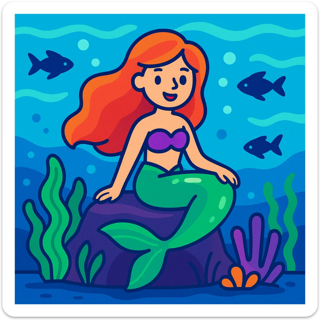 mermaid sitting on a rock underwater, vibrant colors, cartoon style sticker