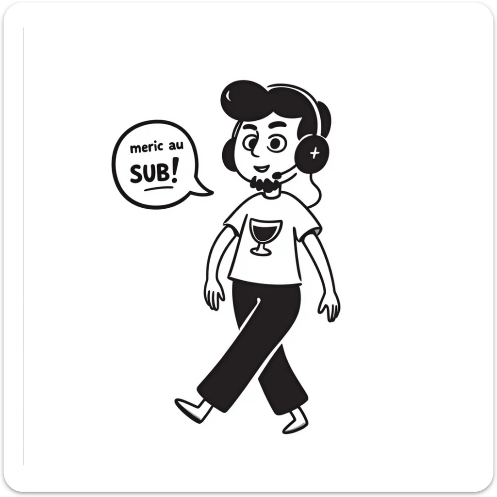 A smiling person with black hair, brown eyes, and a black beard wearing a gaming headset saying "merci au SUB" sticker