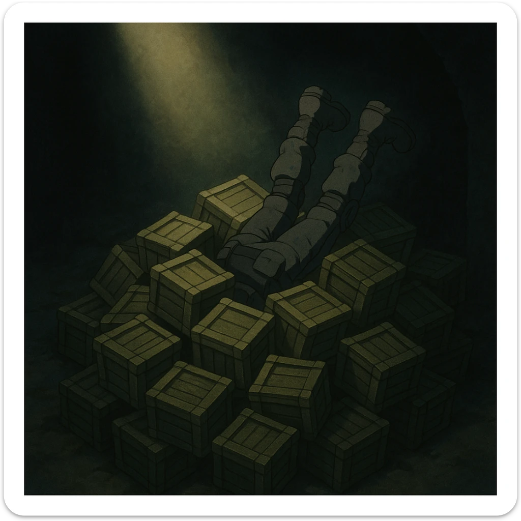 A pile of small oblong crates hidden in a dark area with a beam of light shining from above, with someone’s boots sticking out like they dove in, tactical gear clothing  sticker