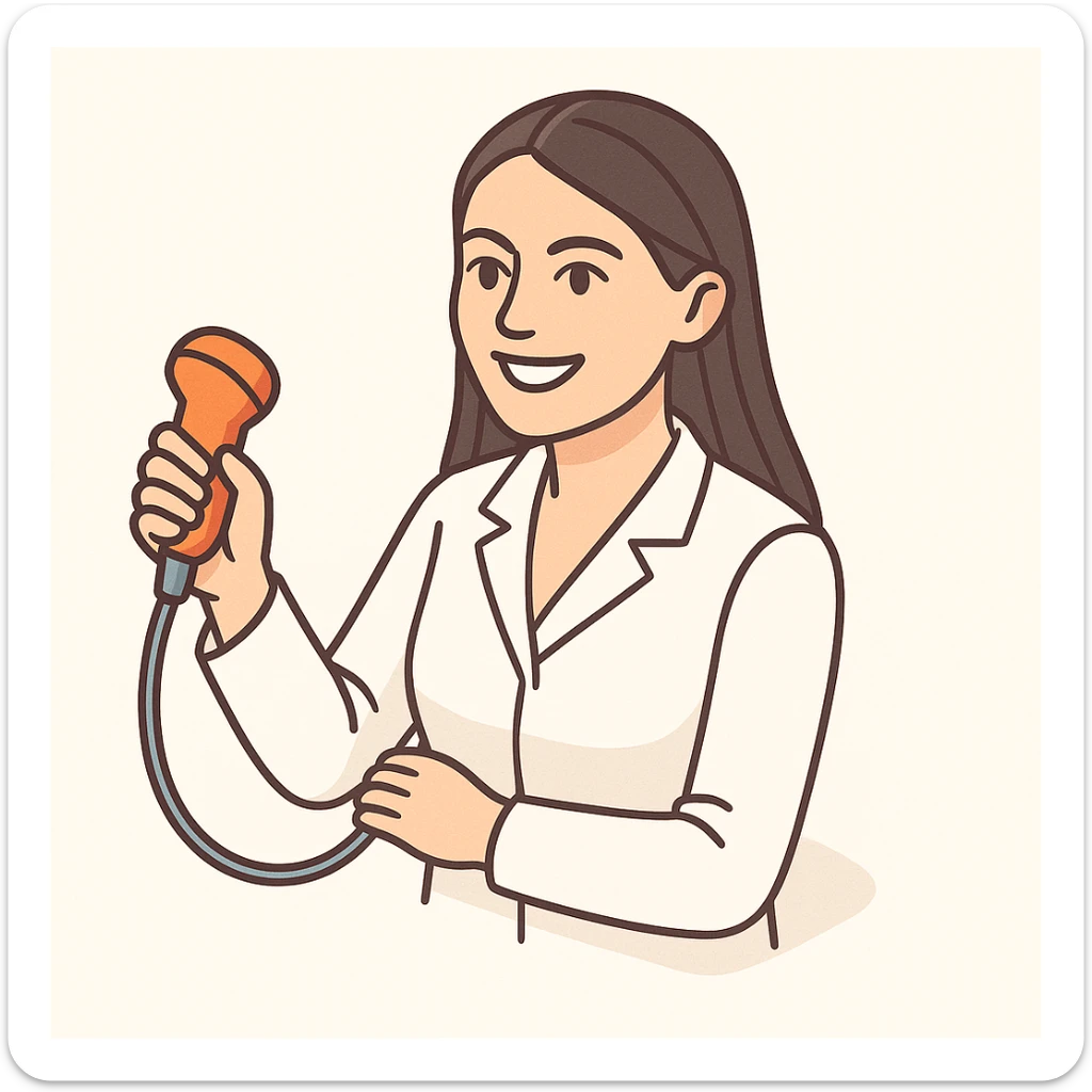 A female doctor with dark long straight hair and detailed brown eyes (not just dots), wearing a white medical coat, holding a medical instrument, in 2D isometric style with a minimalist background, with a wide smile expression. sticker