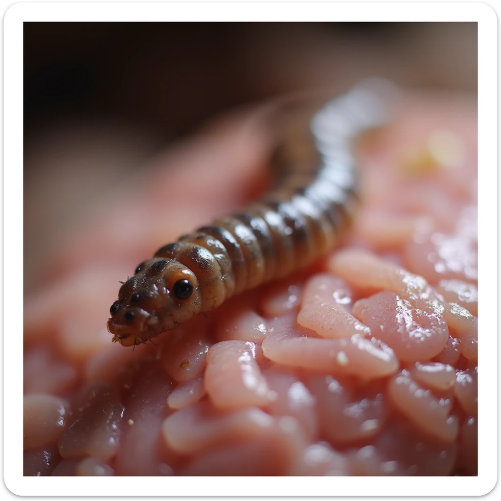 detailed macro of an intestinal parasite worm on pig intestinal tissue, realistic textures and colors, blurred background, 4K quality sticker