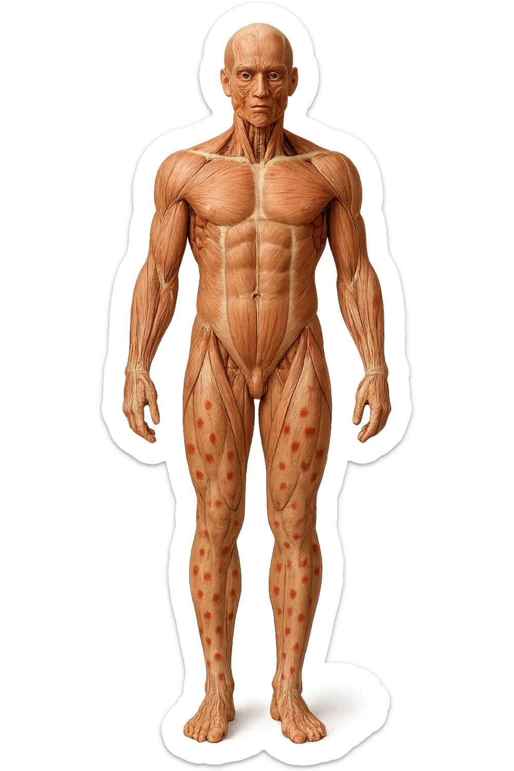 corpo umano anatomico a figura intera con red spot sparsi sulle gambe, iperrealistica in 3d sticker