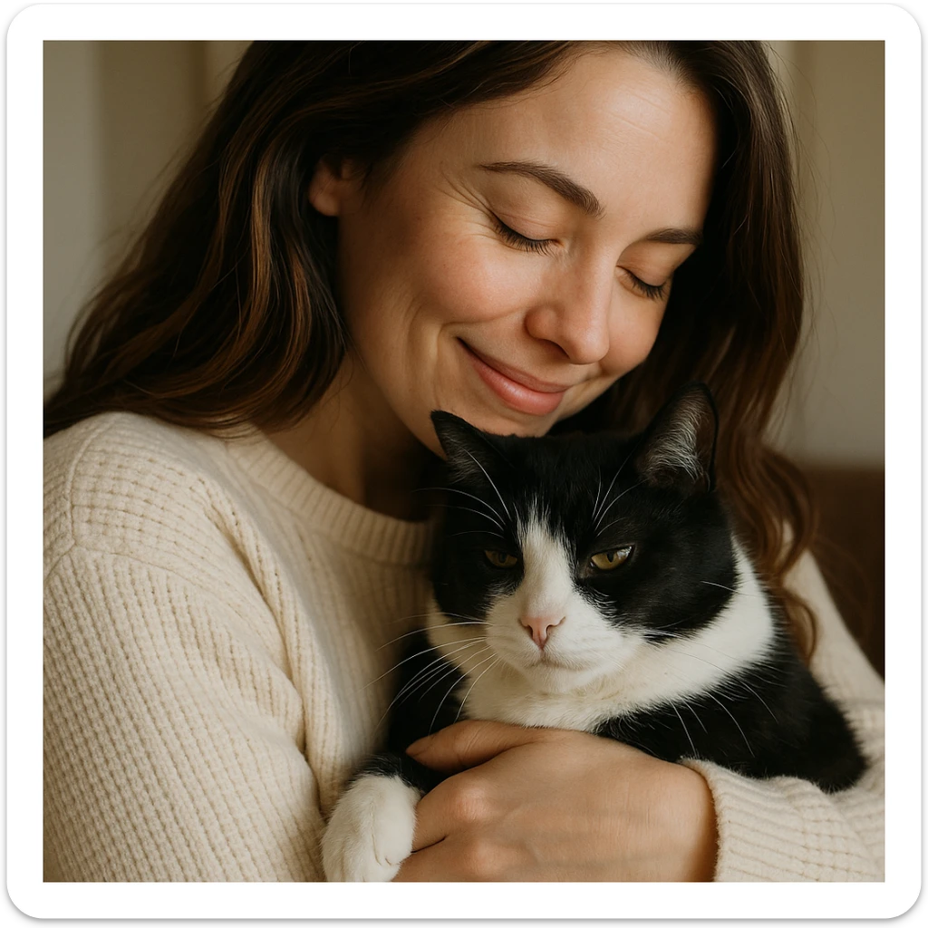 a woman in a cream sweater, long brown highlighted hair, embracing a black and white cat, soft and heartwarming sticker