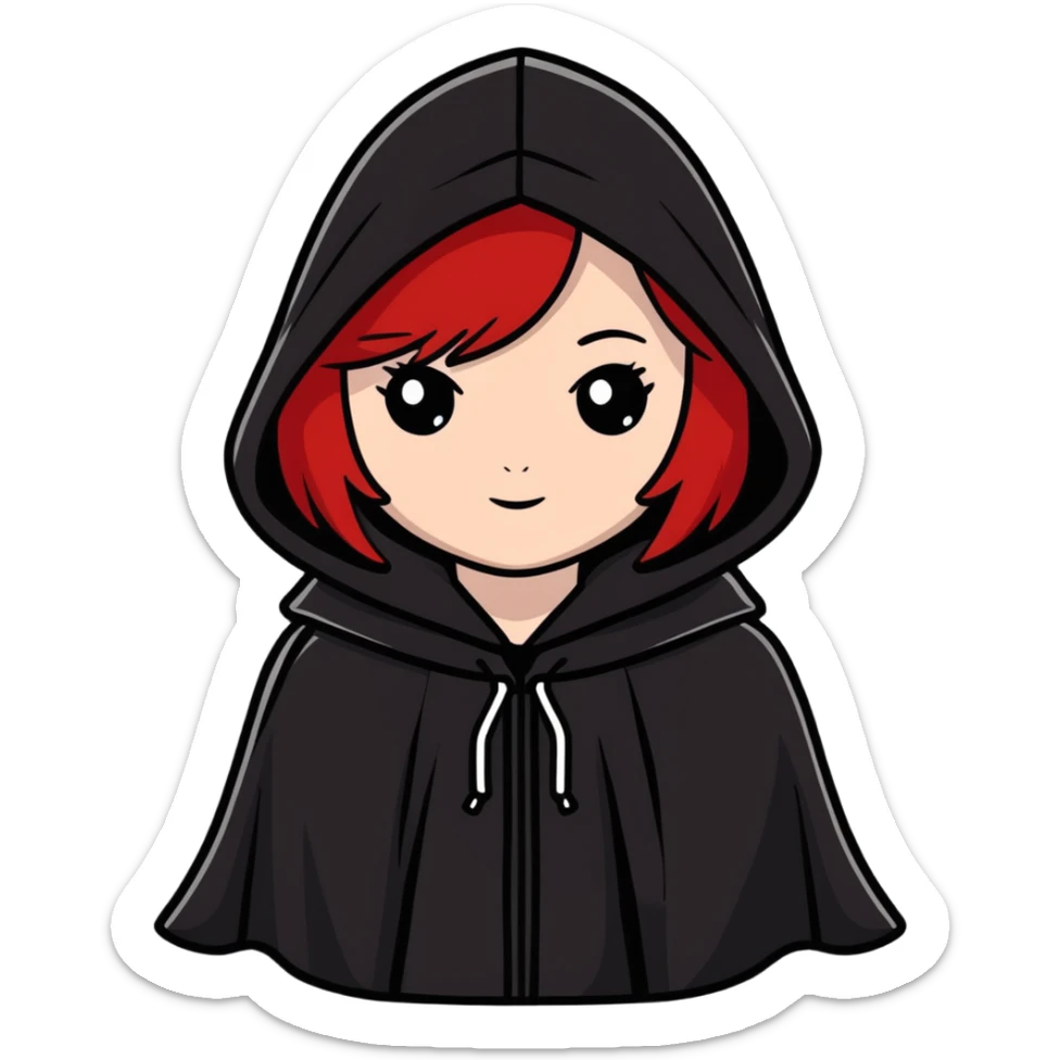 white-skinned girl with red hair wearing a black cloak with a hood sticker