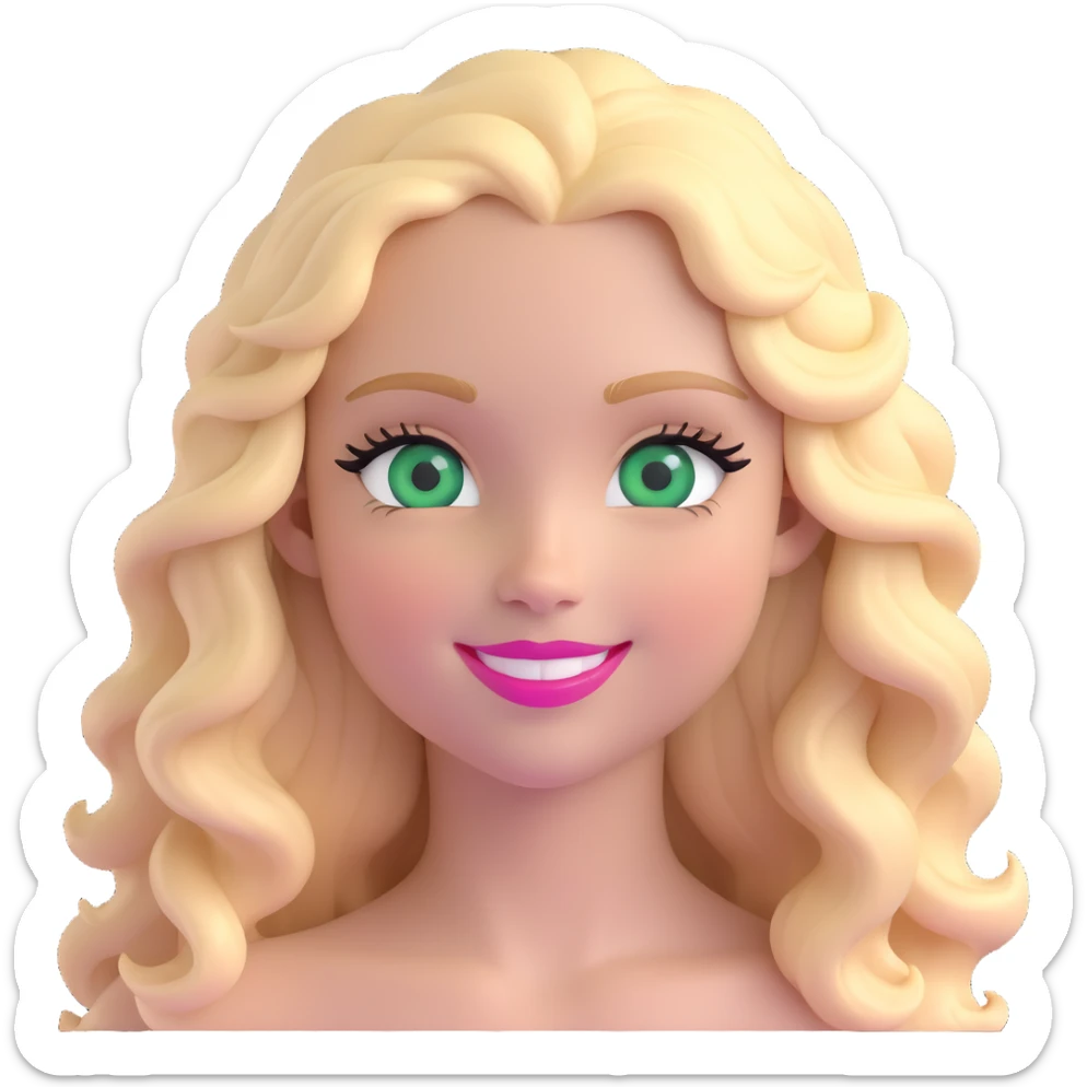 emoji of a girl with green eyes, long blonde wavy hair, long eyelashes, pink lips, smiling sticker