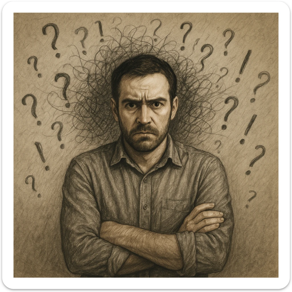 Realistic or illustrative style image of a 30-year-old man suffering from anxiety, inspired by the reference image. The man is standing with crossed arms and a tense gaze. The background features symbols of anxiety and confusion, conveying an atmosphere of mental tension. sticker
