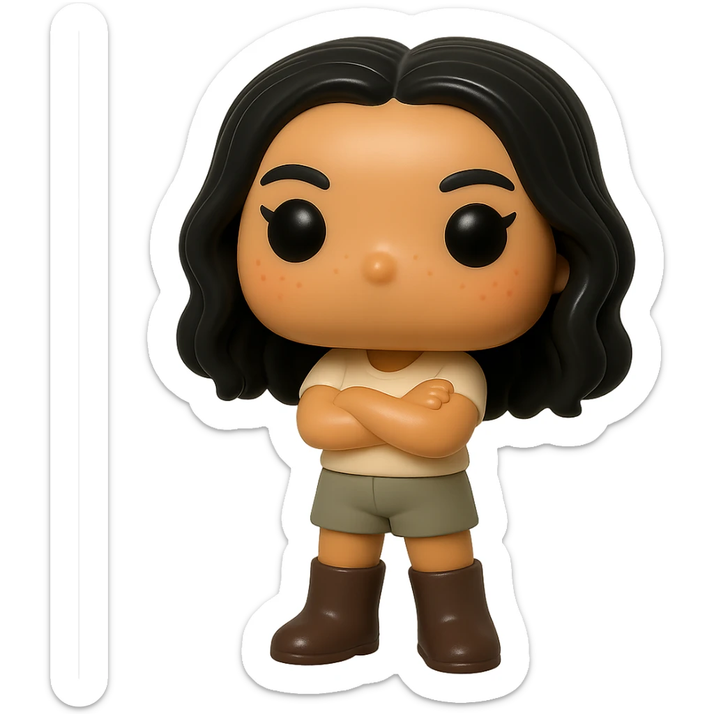 Enhance the texture and details of the Funko Pop style vinyl figure's hair, skin, and clothing. The figure has smooth tanned skin, arms crossed, rosy cheeks, very discreet freckles, mischievous and cheerful expression, no mouth, and dark detailed hair. Clothing includes a cream top, greige bottoms, and dark greige leather boots. Keep the transparent background. sticker