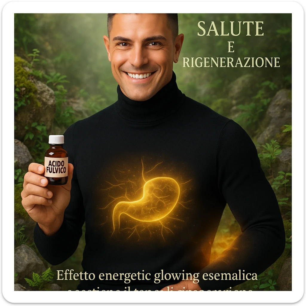 Uomo con il viso del riferimento, tiene una boccetta 'acido fulvico', energia luminosa su addome e fegato, ambiente naturale, minerali e piante, atmosfera rigenerante, testo in italiano. sticker