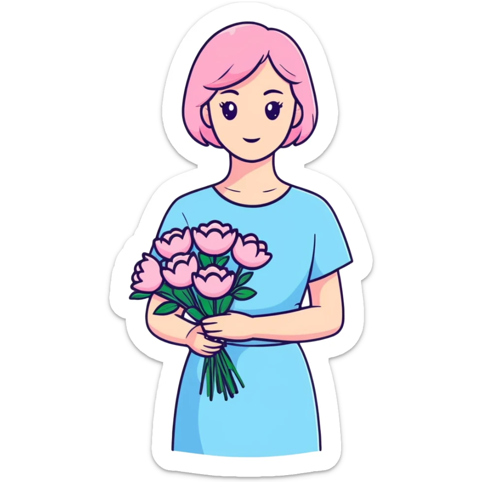 girl wearing pastel blue clothes holding a bouquet of pink flowers sticker