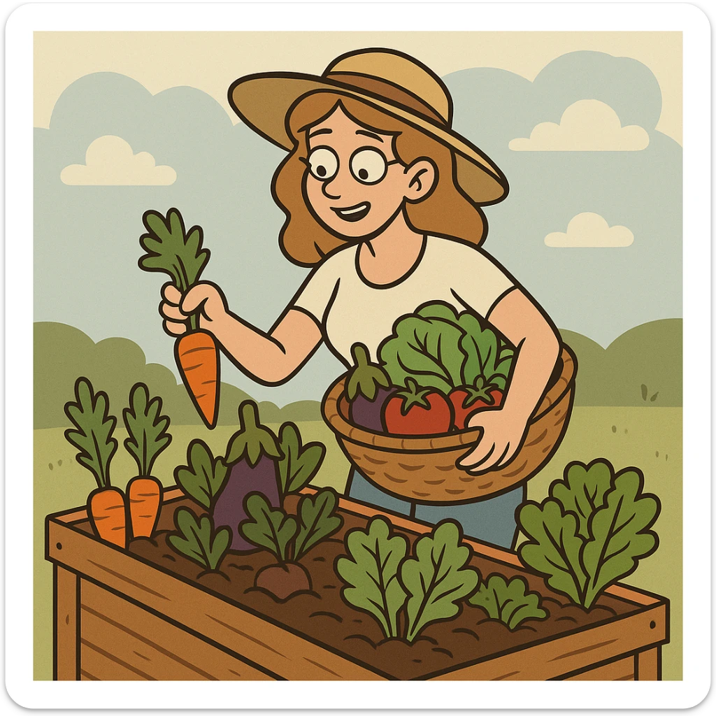 a woman harvesting vegetables from a raised bed garden, flat toon style sticker