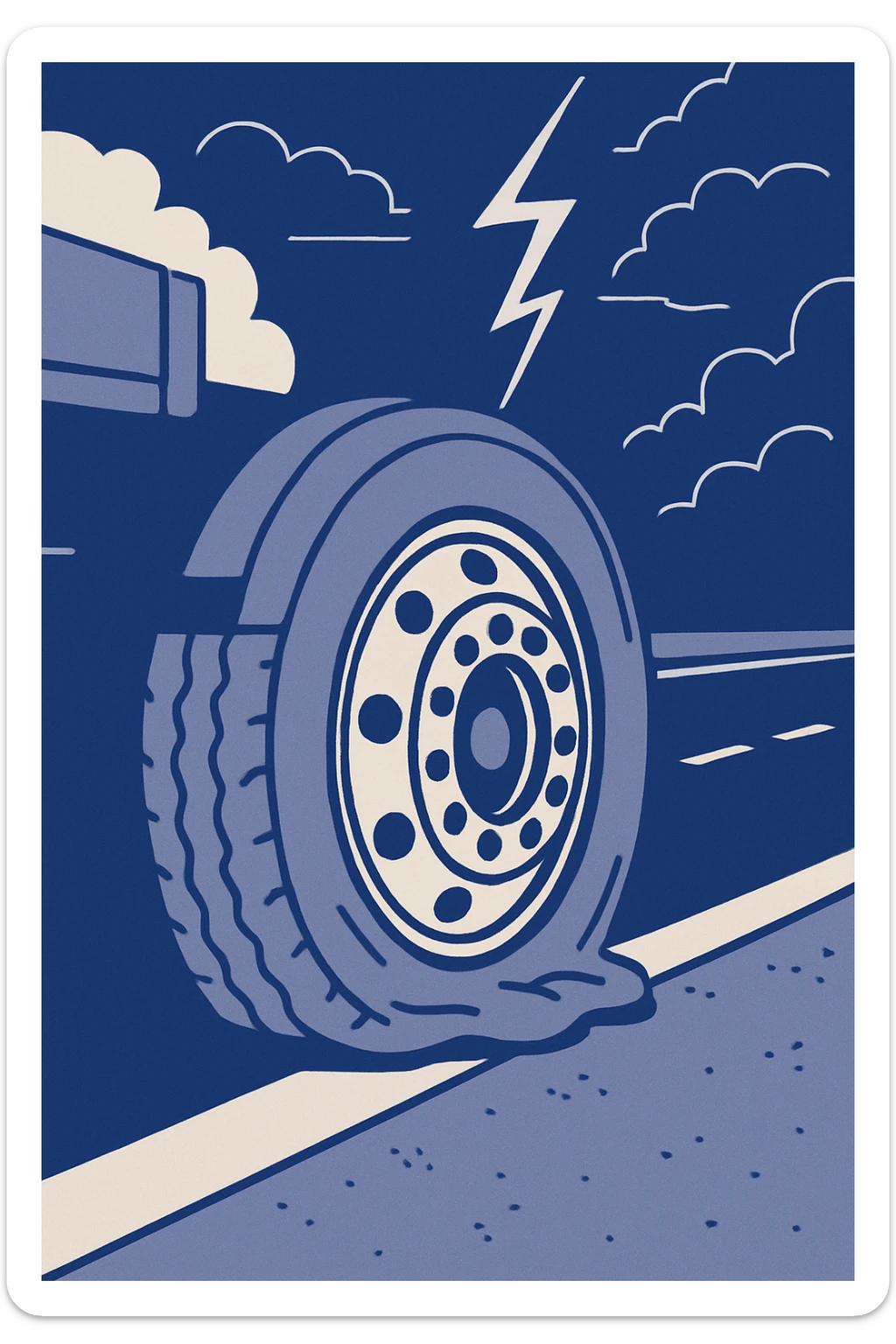 semi truck tire, flat and damaged, on a highway with a stormy sky and lightning striking, flat illustration style sticker