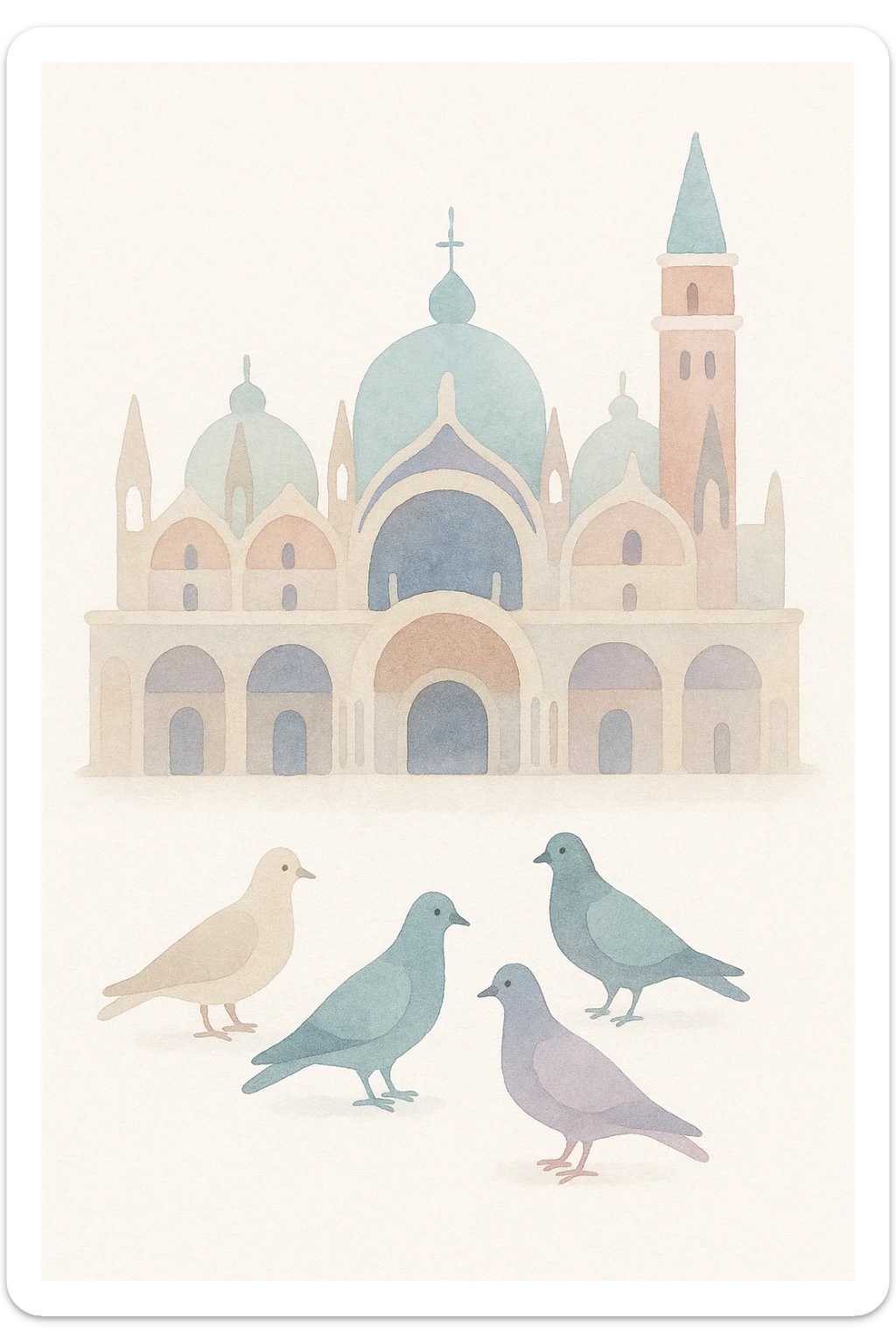 Venice, Italy, showing St. Mark's Basilica and pigeons, watercolor art style sticker