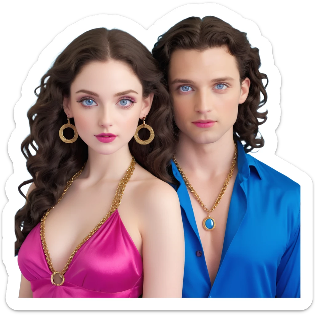 attractive couple in nightclub, colorful lights, woman with big blue-grey eyes, long lashes, pale skin, pink lips, long voluminous dark brown curls, gold hoop earrings, revealing silky halter top next to handsome man with intense blue-grey eyes, chiseled features, pale skin, confident smirk, dark brown styled hair, gold chain, revealing open shirt, dancing together sticker