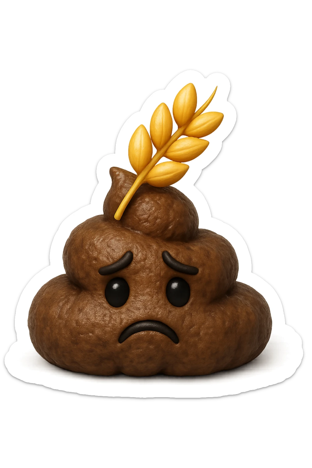 emoji stile iphone di una montagnetta di feci umane realistiche a palline tristi con sopra un simbolo del grano, iperrealistico 4k sticker