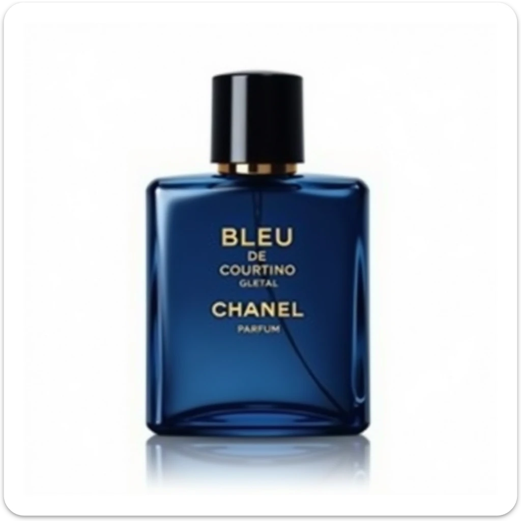 photorealistic illustration of a Bleu de Chanel Parfum bottle, deep blue glass, square shape, black cap, gold text reading 'BLEU DE CHANEL PARFUM' on the front, highly reflective and elegant, white background sticker