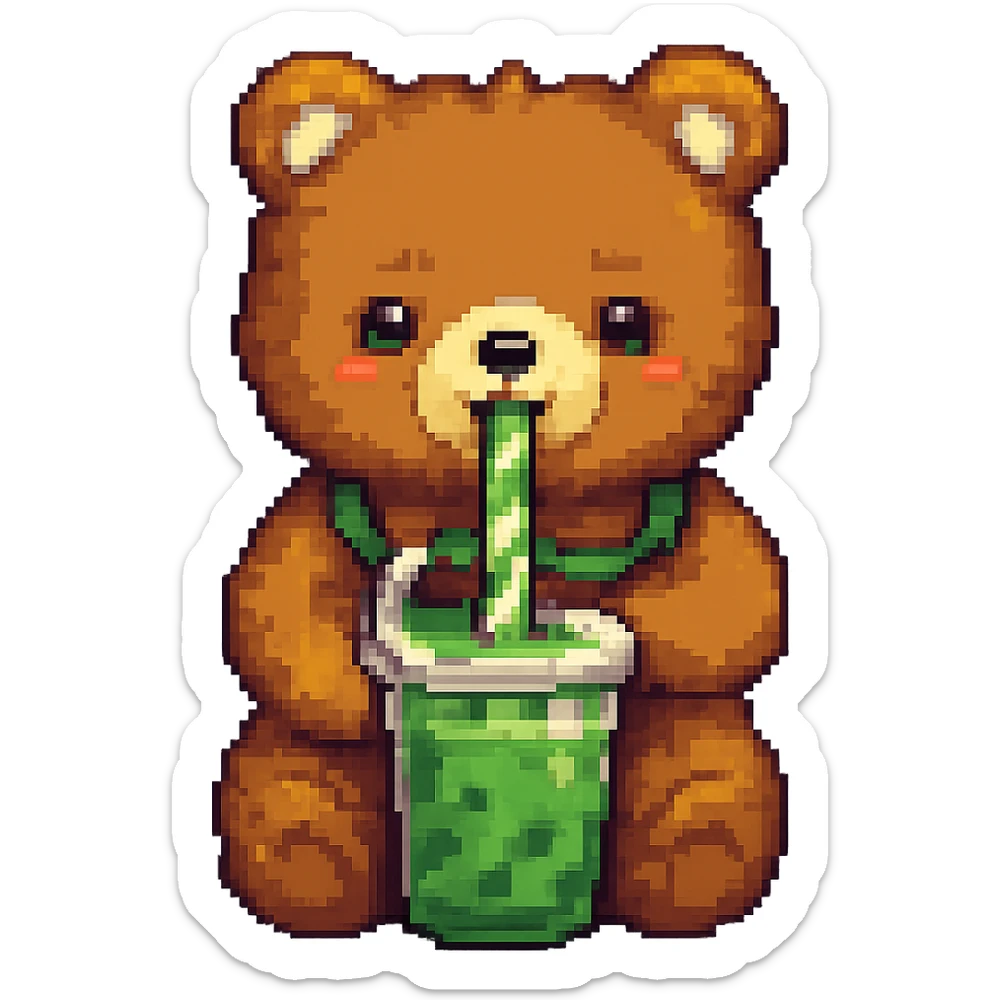 Change the boba tea to a matcha flavor with green color, keep the bear and style the same, no background. sticker
