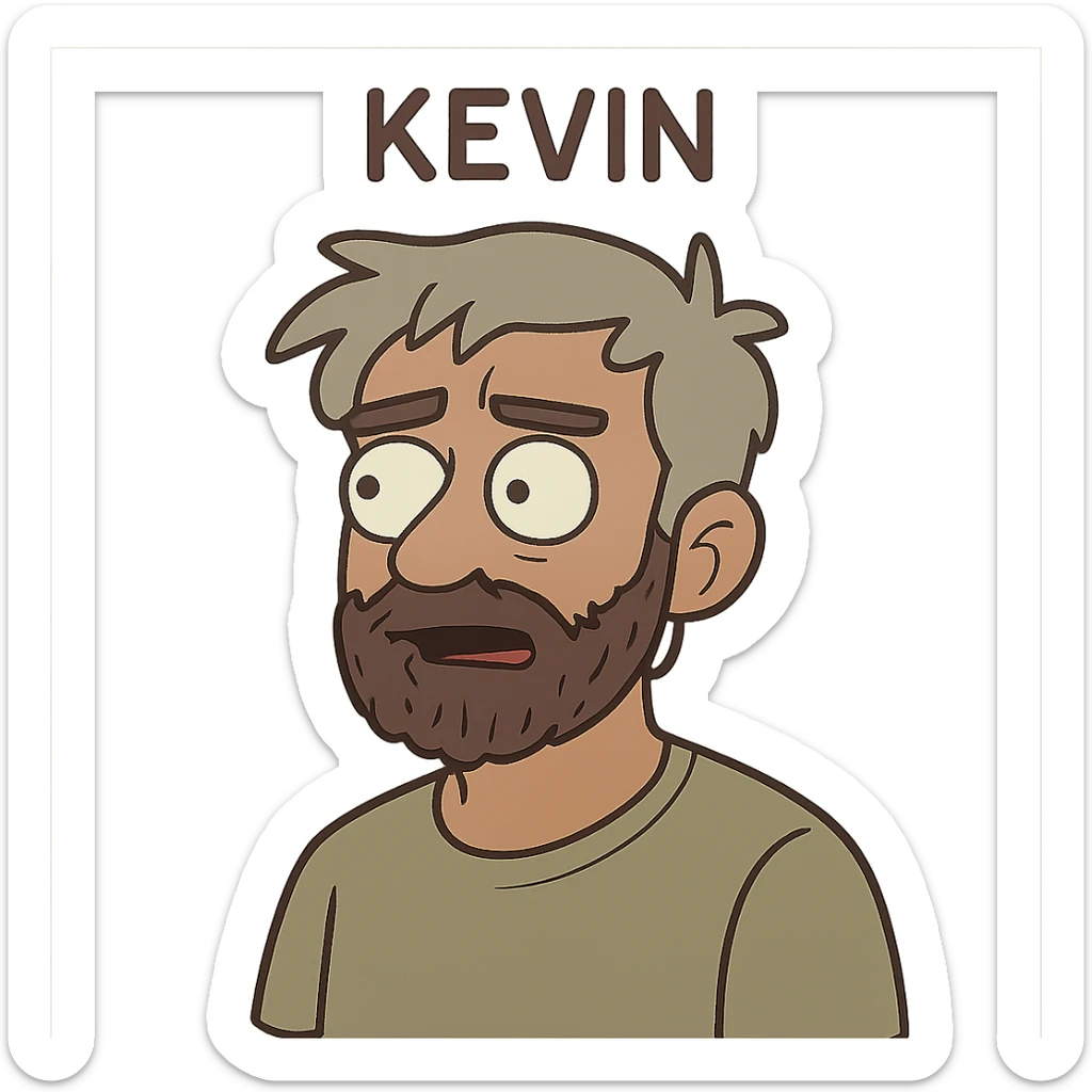 cartoon face of Kevin, gray hair, brown skin, scruffy beard, same expression, same line style sticker