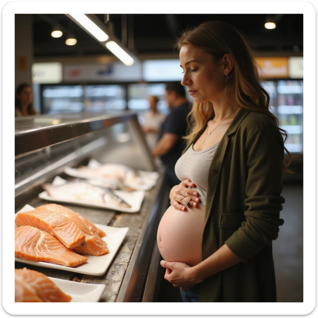 realistic pregnant woman in 4K at a supermarket, observing the fish counter and choosing not to take salmon, attentive and protective expression towards her belly sticker