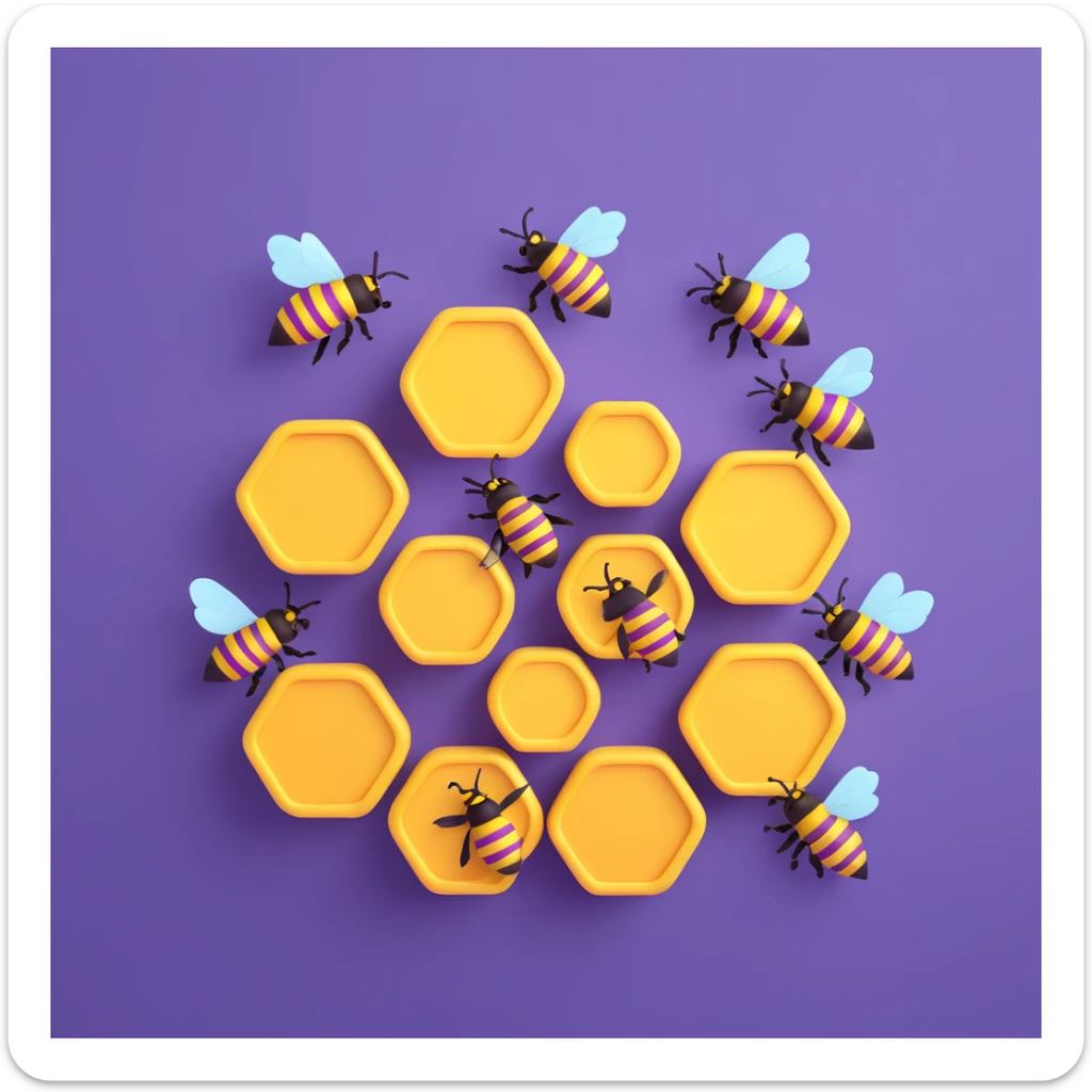 a stylized purple beehive, encircled by five small purple honeybees, fun and lively, no text sticker