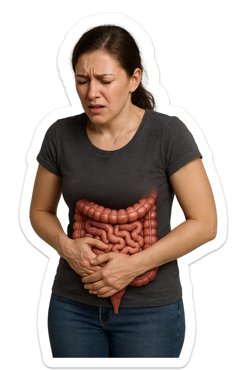 donna in piedi che si tiene la pancia con intestino umano anatomico e mal di pancia, iperrealistica 4k sticker