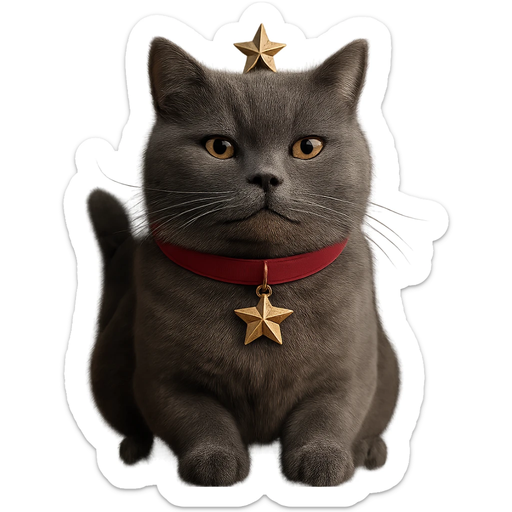Make this British Shorthair cat with a proud smile and a gold star look more realistic, keep the pose and expression, no background, photorealistic style. sticker