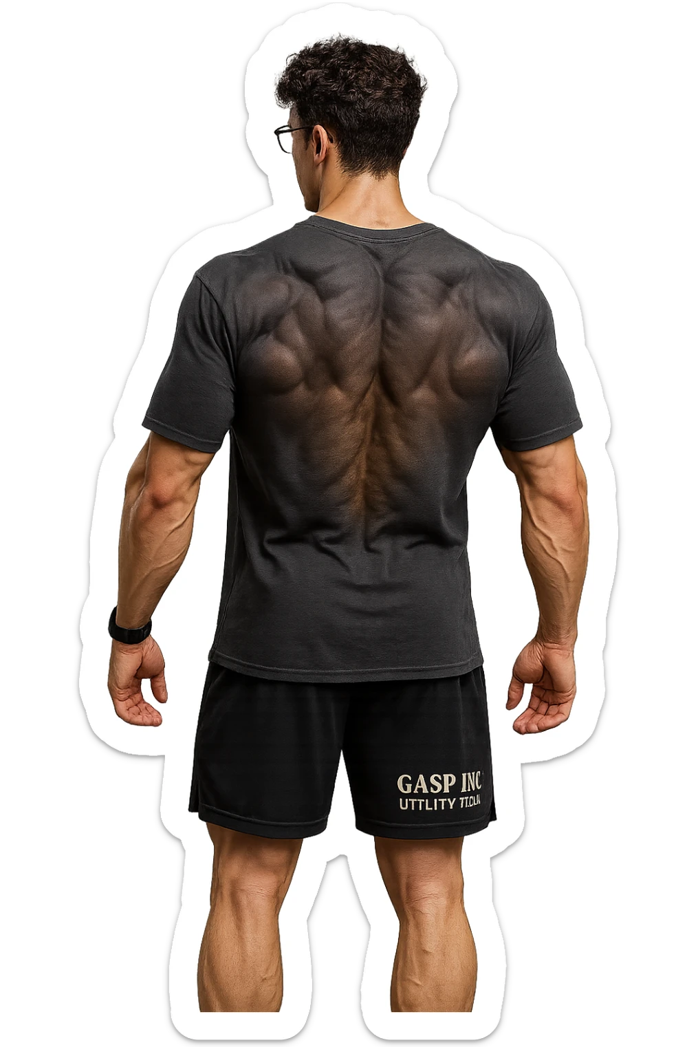 lascia questo ragazzo identico ma fallo in piedi di spalle con fasci muscolari della schiena contratti, senza macchinari, solo la sua figura, iperealistico 4k sticker