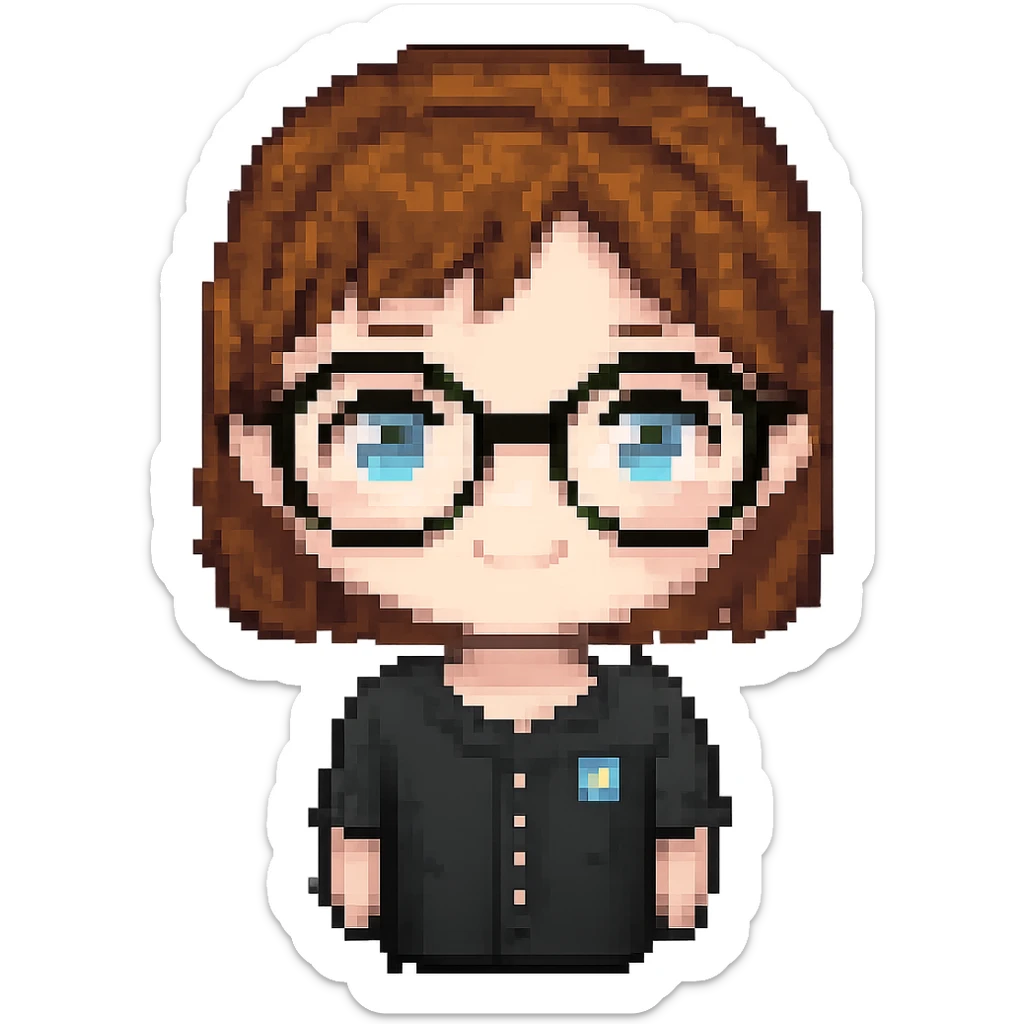 Add glasses to the female with short brown hair in the style of pixel art. sticker