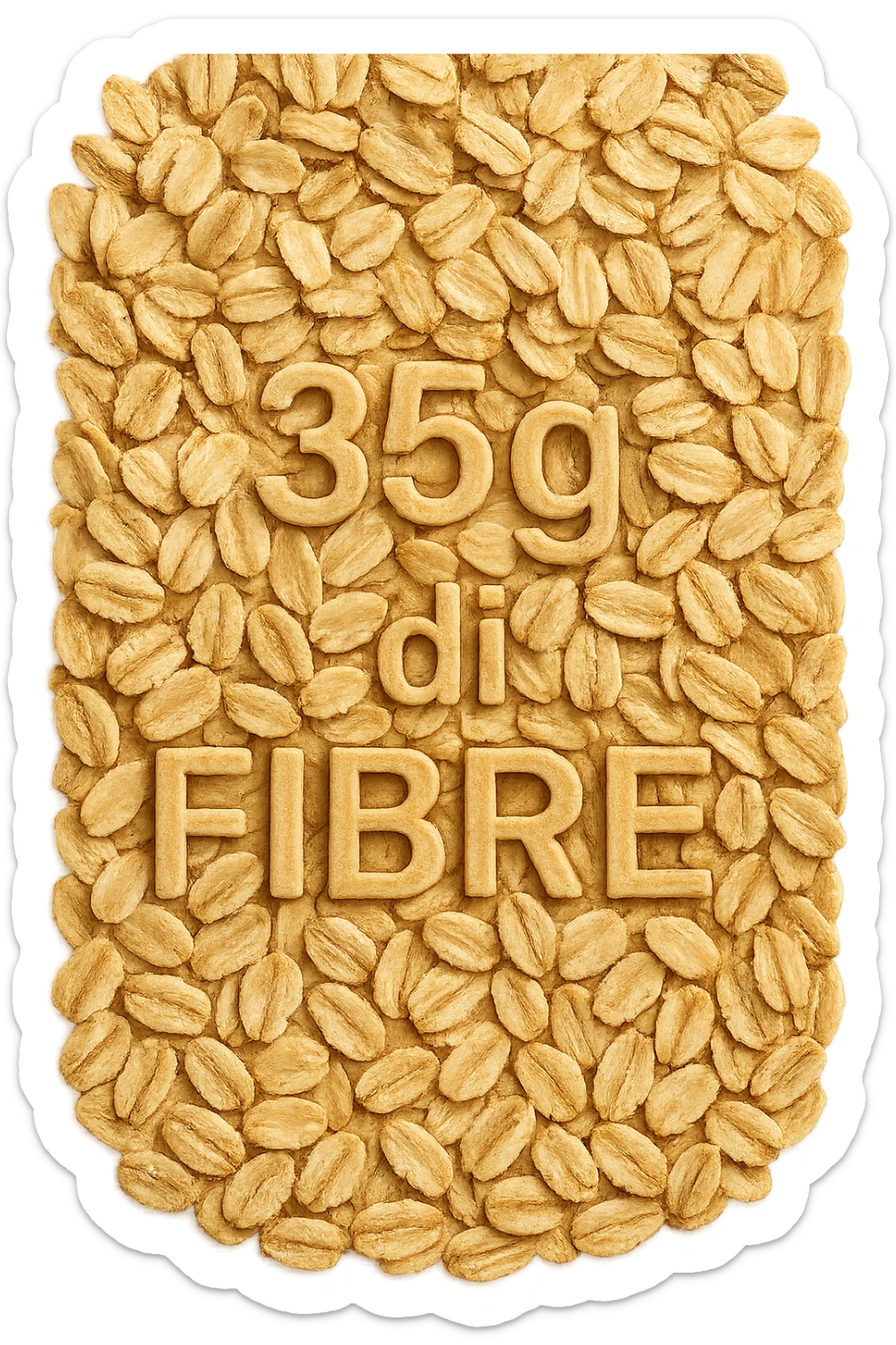 FIOCCHI DI AVENA VISTI DALL'ALTO E LA SCRITTA "35g di FIBRE" IN RILIEVO, IPERREALISTICO 4K sticker