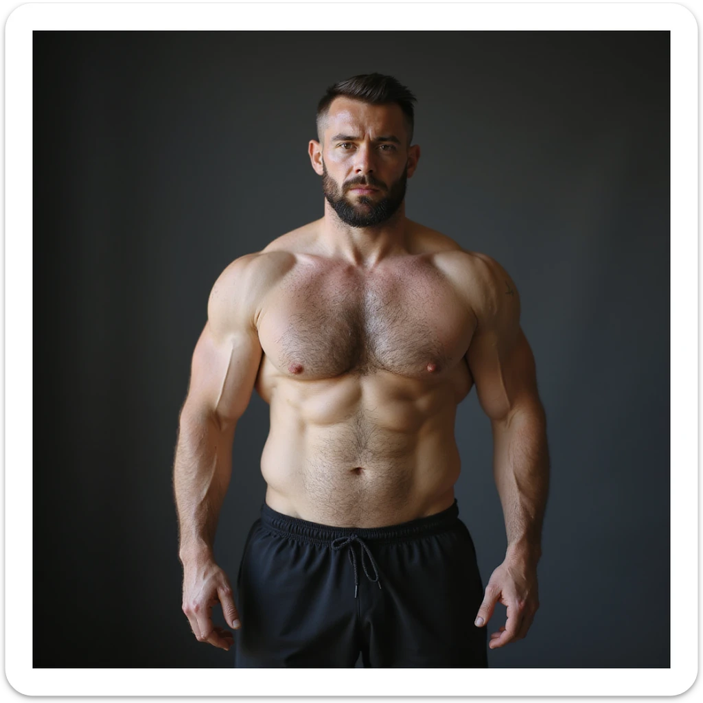 realistic 4K photo of a crossfit male athlete with muscular mass covered by fat, slightly undefined abdomen, neutral expression, natural lighting, gym background sticker