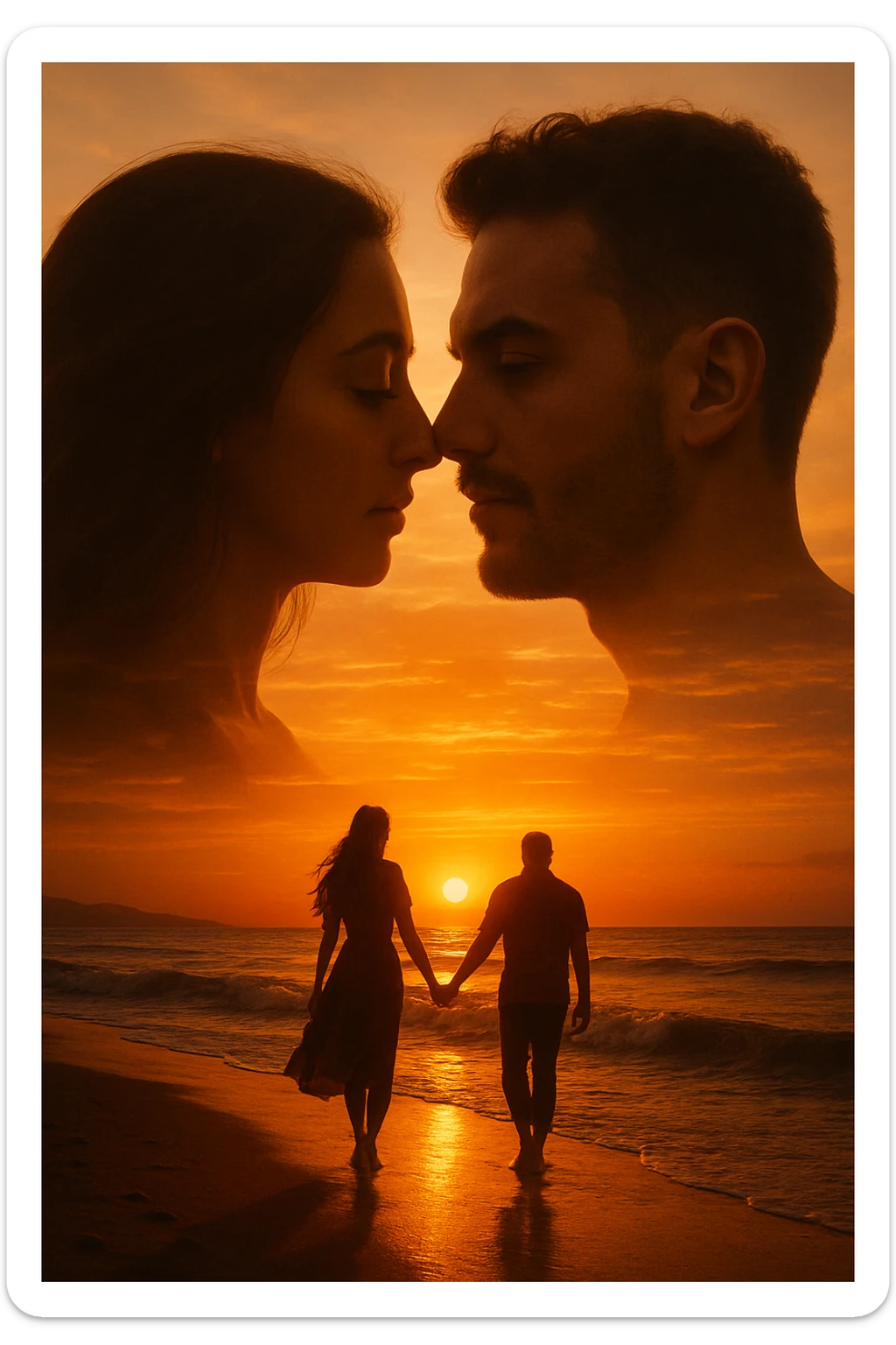 Una doppia esposizione cinematografica di noi di profilo, con un paesaggio di spiaggia al tramonto integrato nella silhouette.
La scena interna ci mostra entrambi camminare sulla sabbia bagnata, tenendoci per mano, con le onde del mare che si infrangono è facile e un cielo colorato dagli ultimi raggi di sole. Atmosfera calda e intima, toni dorati arancioni, dettagli fini ed espressivi, risoluzione 8K. sticker
