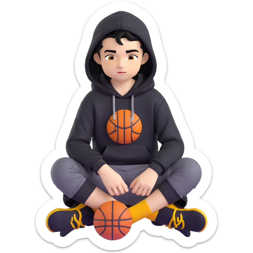 boy kid sitting cross-legged, black hoodie with hood off, smirking, black crew socks, messy black hair, black basketball shorts, yellow skin sticker
