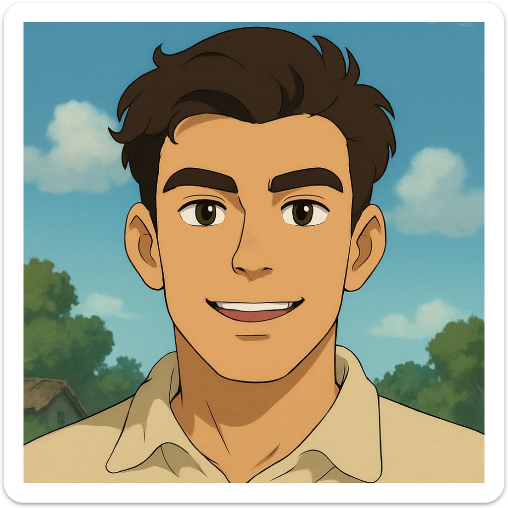 portrait of a young man, early twenties, square face, pronounced jaw, high cheekbones, broad forehead, thick dark arched brows, hazel almond eyes, prominent eyelids, wide nose bridge, upturned tip, full lips, thinner upper lip, wheat skin, dark brown voluminous wavy hair combed right to left, normal close-set ears, sincere happy expression, ghibli style sticker