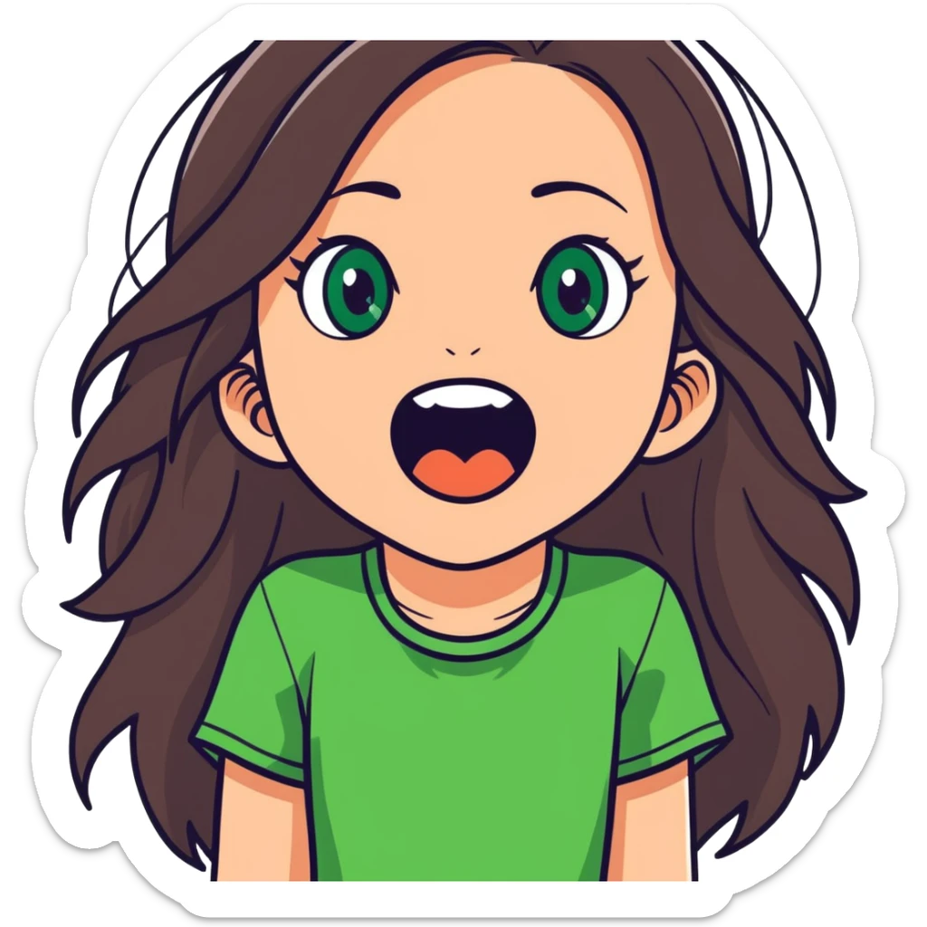 white girl, long brunette hair, green eyes screams with delight sticker