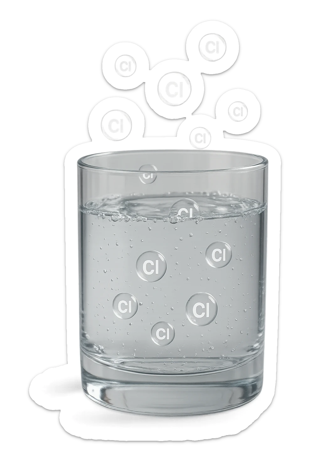 un bicchiere di acqua fluttua in aria realistico e dettagliato, dentro l'acqua del bicchiere ci sono particelle di cloro ben visibili con la scritta "Cl" sopra, ci sono particelle anche che escono dal bicchiere e fluttuano in aria verticalmente, mentre alcune sono all'interno dell'acqua nel bicchiere, iperrealistico 4k sticker