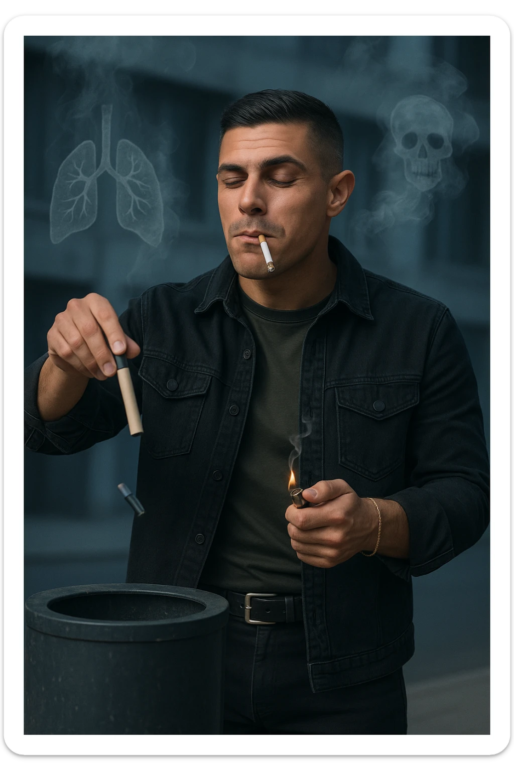 Adult man in casual clothes, inspired by the face in the reference photo, throwing an electronic cigarette into a trash bin while lighting a traditional cigarette with the other hand. Satisfied but unaware expression. In the background, light symbols of smoke and health damage manifesting from both cigarettes. Urban atmosphere, cold light, critical or reflective tone. Realistic style with symbolic accents. sticker