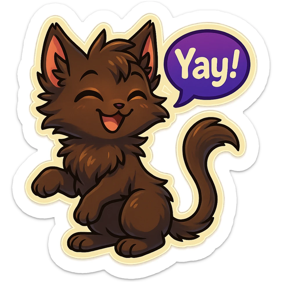 a dark-brown fluffy cute kawaii anthropomorphic furry anime cat-furry with tufted ears, golden eyes, and a long thin tufted tail, happy, grinning, closed eyes, pleased expression, saying “Yay~!..” with a purple speech bubble, (cartoon style) (cute anime style) (furry style) (deviantArt style) (artist style: Kamirah) sticker