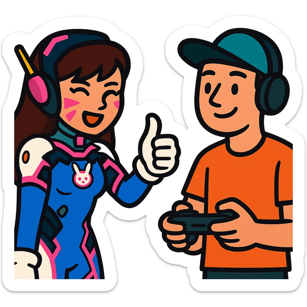 a cute Overwatch character like D.Va giving a thumbs-up to a casual player sticker