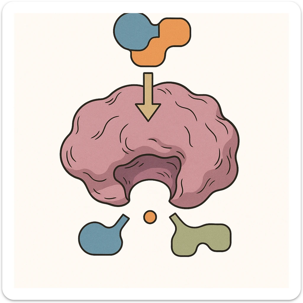 Ultra-detailed scientific illustration  (like in a school book) of enzyme digestion. Macro molecular view, clean white background, no text, no human figures or cartoon characters. Purely biological focus. sticker