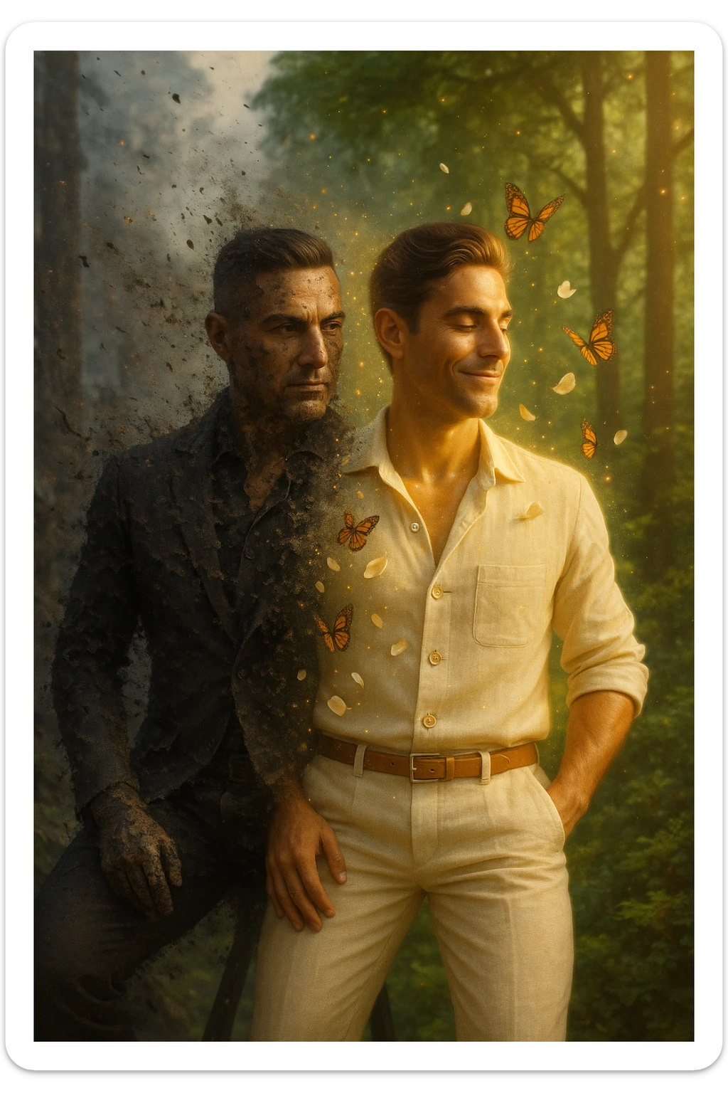 Trasformazione cinematografica: uomo d'affari in giacca sintetica nera che si sfalda come cenere, mentre da dentro emerge una nuova versione di sé vestita di lino color avorio, farfalle che nascono dalle fibre di cotone biologico, petali di fiori che si trasformano in bottoni di madreperla, capelli che diventano più folti e luminosi al contatto con tessuti naturali, pelle che letteralmente respira vapore dorato, city background che si trasforma in foresta rigogliosa, slow motion epico con particelle di luce danzanti sticker