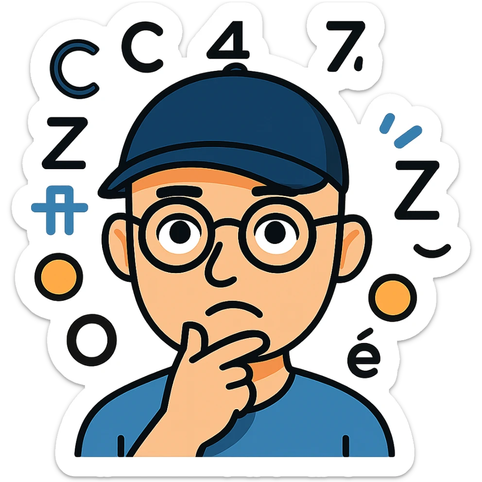 Add a baseball cap to the bald headed man with glasses and math symbols over his head, thinking expression. Keep the background transparent. sticker