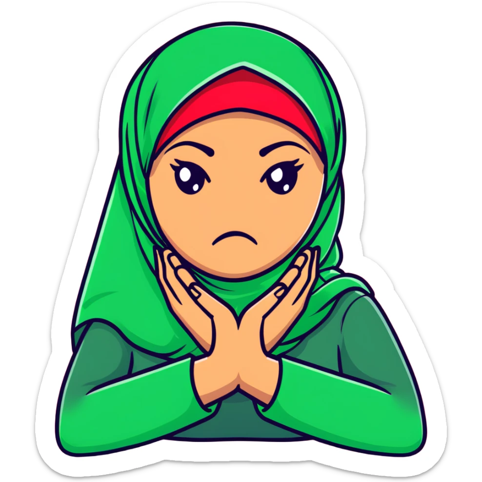 angry hijabi woman, hands crossed in an X over her neck, face red with frustration sticker